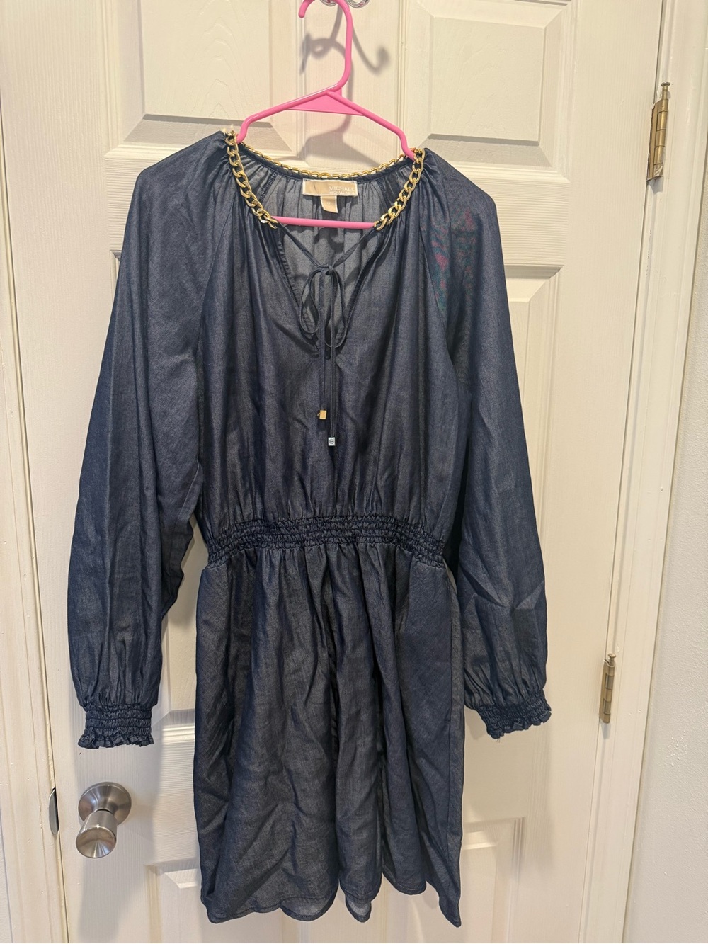 Michael Kors Navy Long-Sleeve Dress with Gold Chain Neckline